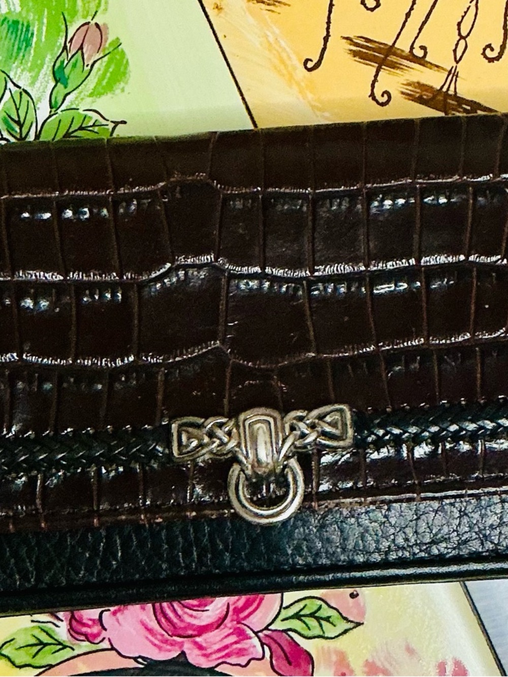 Brighton Dark Brown Croc-Embossed Wallet with Silver Celtic Ring